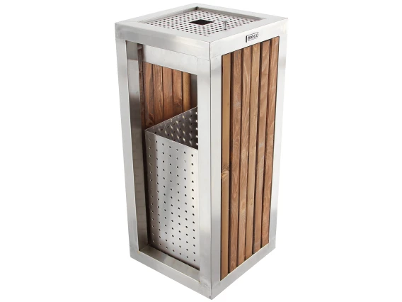 Cos gunoi scrumiera patrata inox-lemn Meco Lux 31x70cm