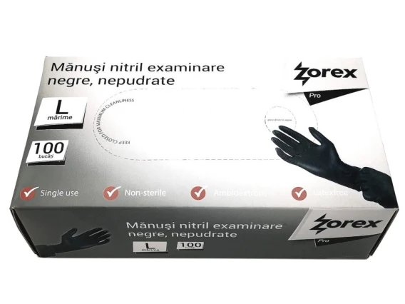 Manusi nitril nepudrate negre Zorex 100buc Marime L