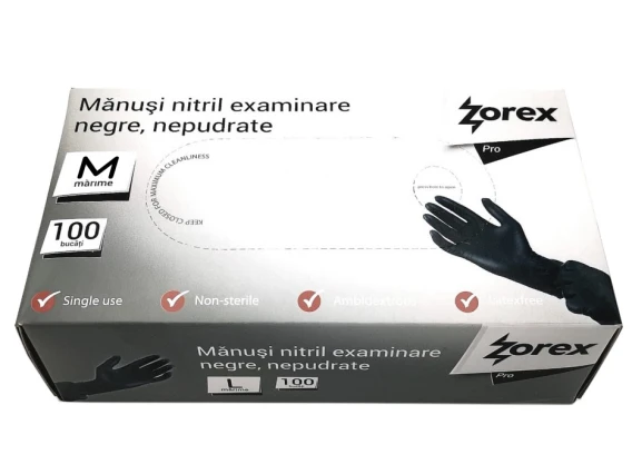 Manusi nitril nepudrate negre Zorex 100buc marime M