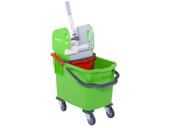 Carucior curatenie Bayersan verde, 2 compartimente, storcator profesional, roti cauciuc