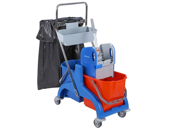 Carucior curatenie Bayersan Duo, 2 galeti x 25 litri, suport accesorii, sac si storcator profesional