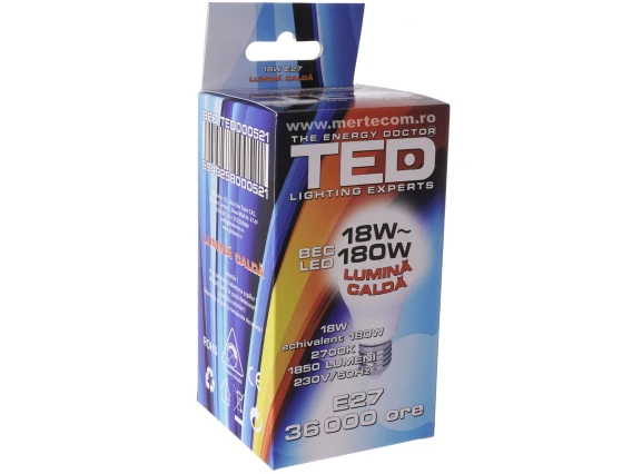 Bec led E27 lumina calda 2700k 18W echivalent 180W 36.000 ore