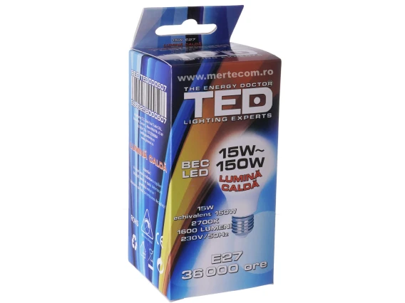 Bec led E27 lumina calda 2700k 15W 36.000 ore 150W
