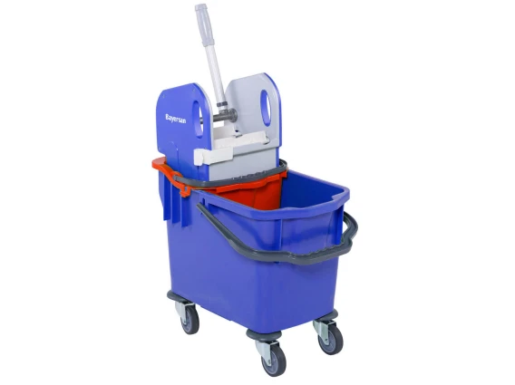 Carucior curatenie Bayersan albastru, 2 compartimente, storcator profesional, roti cauciuc