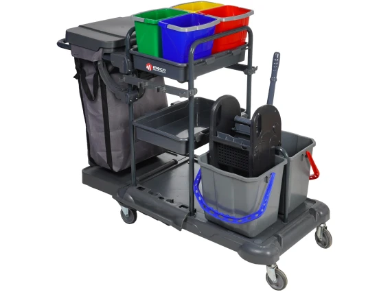Carucior curatenie profesional, 2 galeti, storcator, rafturi si sac MZED3301