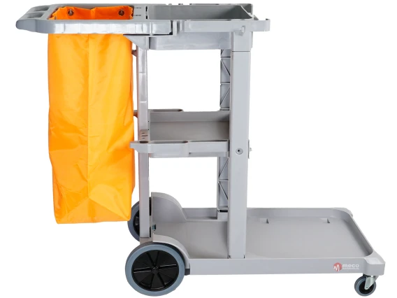 Carucior curatenie Meco C11 cu rafturi, sac si suport mop sau aspirator