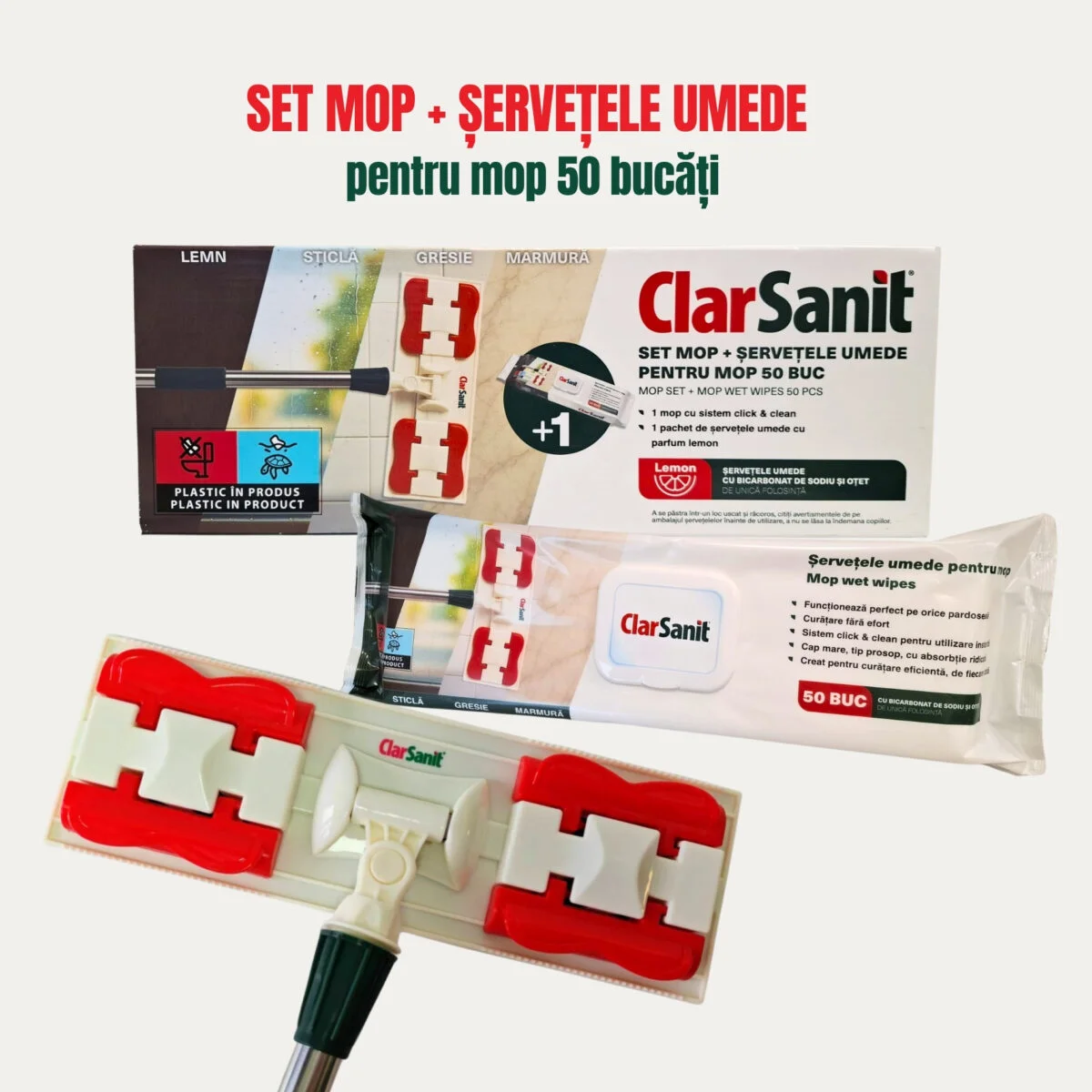 ClarSanit Set mop Clic&Clean + servetele umede cu bicarbonat 50bucati - imagine 3