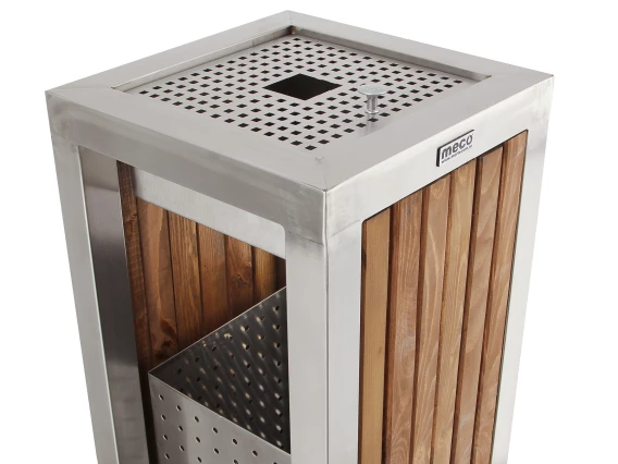 Cos gunoi scrumiera patrata inox-lemn Meco Lux 31x70cm